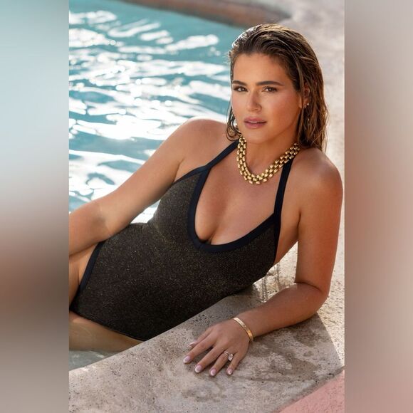 Cupshe X JoJo Atlantis Espresso Ribbed Lurex Halter One-Piece Swimsuit Medium - Picture 9 of 16